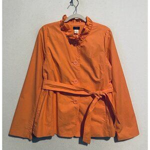 J Crew Coat Womens 12 Orange Frenchie Slicker Ruffle Belted Pockets Cottagecore
